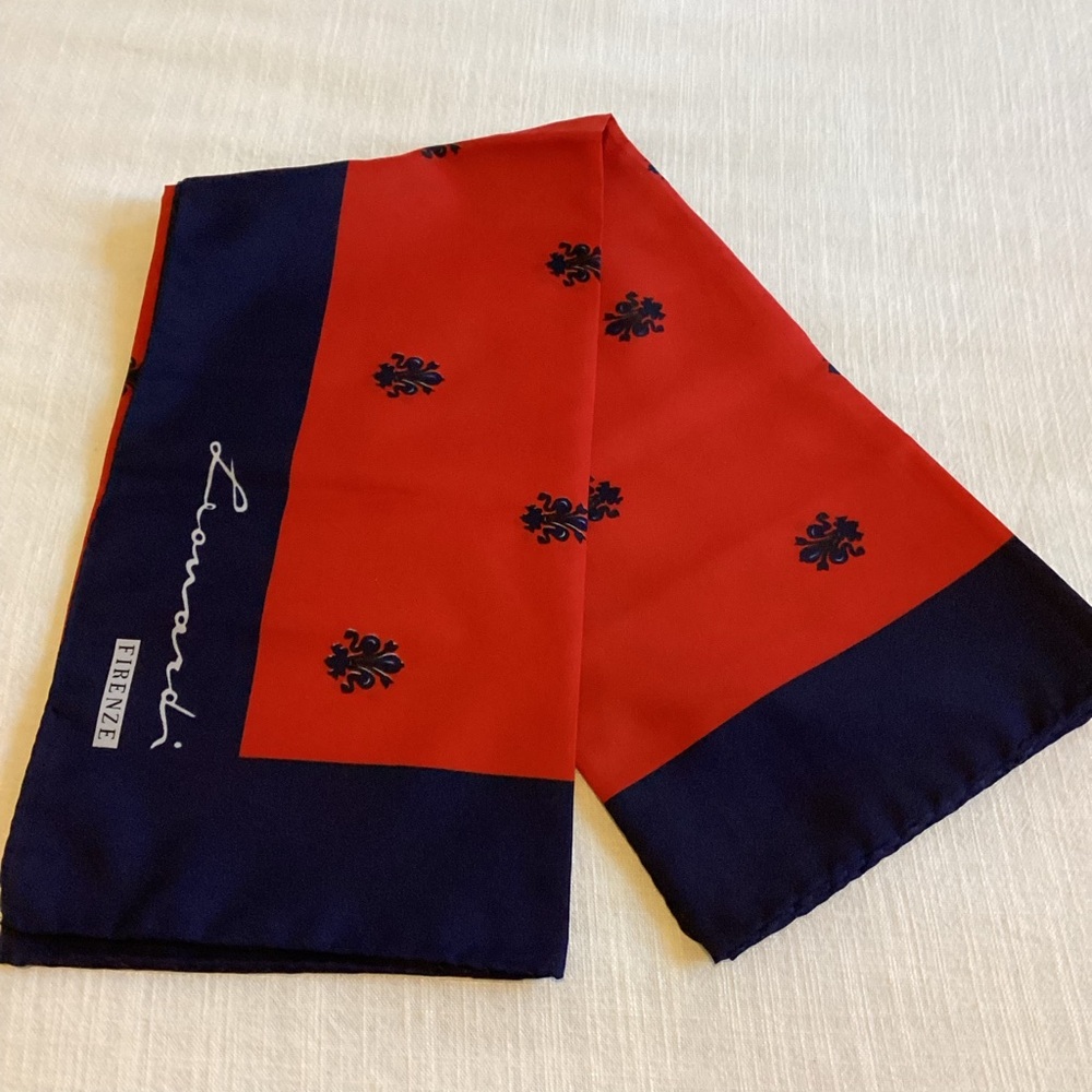 Leonardi Firenze Scarf Fleur-de-lis Pattern Red Navy Rolled Edges